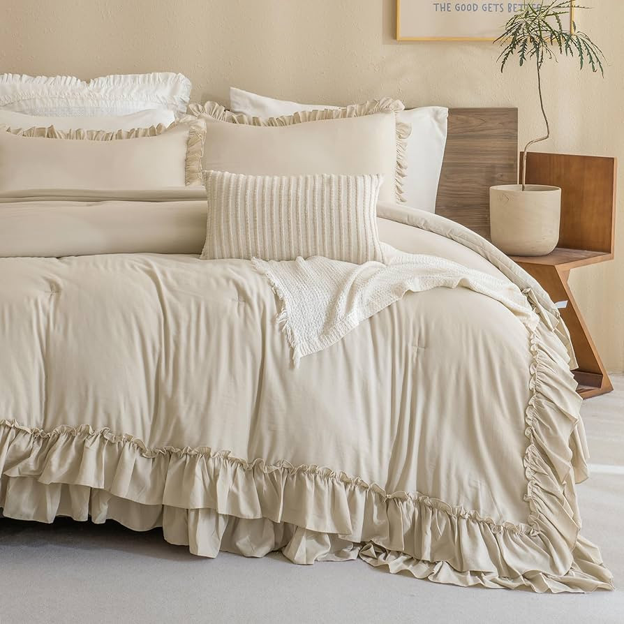 QSH Shabby Ruffled Comforter Queen Size, Farmhouse Wheat Bedding Comforter Set, 3 Pieces Lightwei... | Amazon (US)
