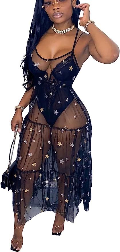 Bluewolfsea Women Sexy Sheer Mesh Sequin Stars Sleeveless Pleated Maxi Dress Club Party Beach Cov... | Amazon (US)