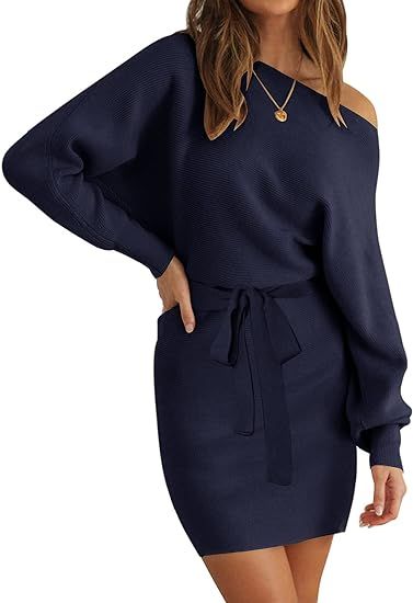 YORGOS Women's Long Batwing Sleeve Off Shoulder Sweater Dress Ribbed Knit Belted Bodycon Mini Dre... | Amazon (US)