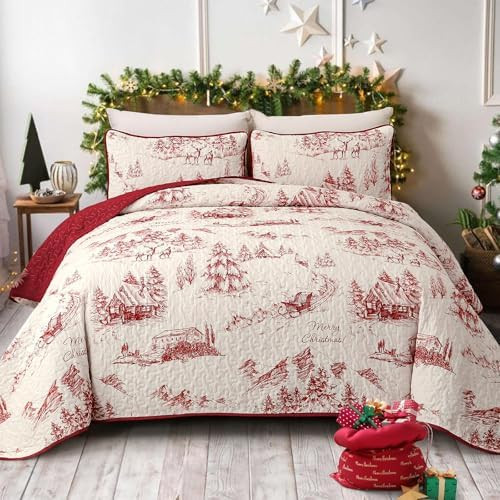WONGS BEDDING Christmas Quilt Set Queen Size, Red Hand-Painted Imagery Bedspread Coverlet Set wit... | Amazon (US)