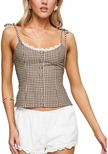 Women Y2K Gingham Plaid Tank Top Lace Trim Sleeveless V Neck Cami Shirt Button Up Tie Shoulder Sl... | Amazon (US)