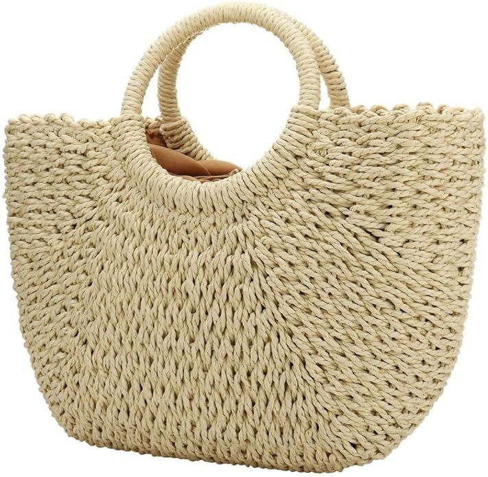 Women Summer Beach Bag, Straw Handbag Top Handle Big Capacity Travel Tote Purse Hand Woven Straw ... | Amazon (US)