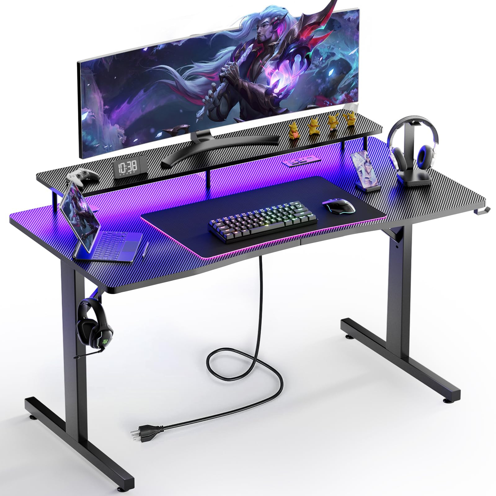 GTRACING 55 Inch Gaming Desk with LED Lights & Power Outlet, Computer Gamer Desk with Monitor Sta... | Amazon (US)