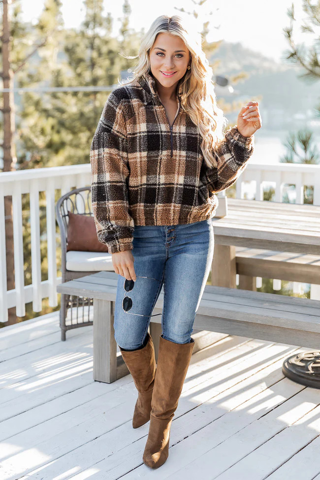 Arizona Skies Brown Plaid Sherpa Pullover | Pink Lily