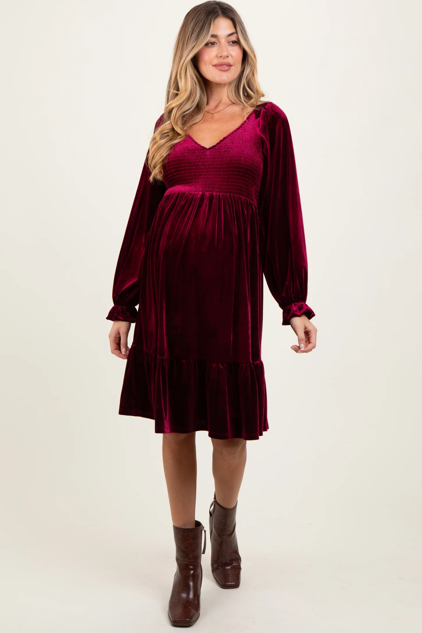 Burgundy Velvet Smocked Maternity Long Sleeve Dress | PinkBlush Maternity