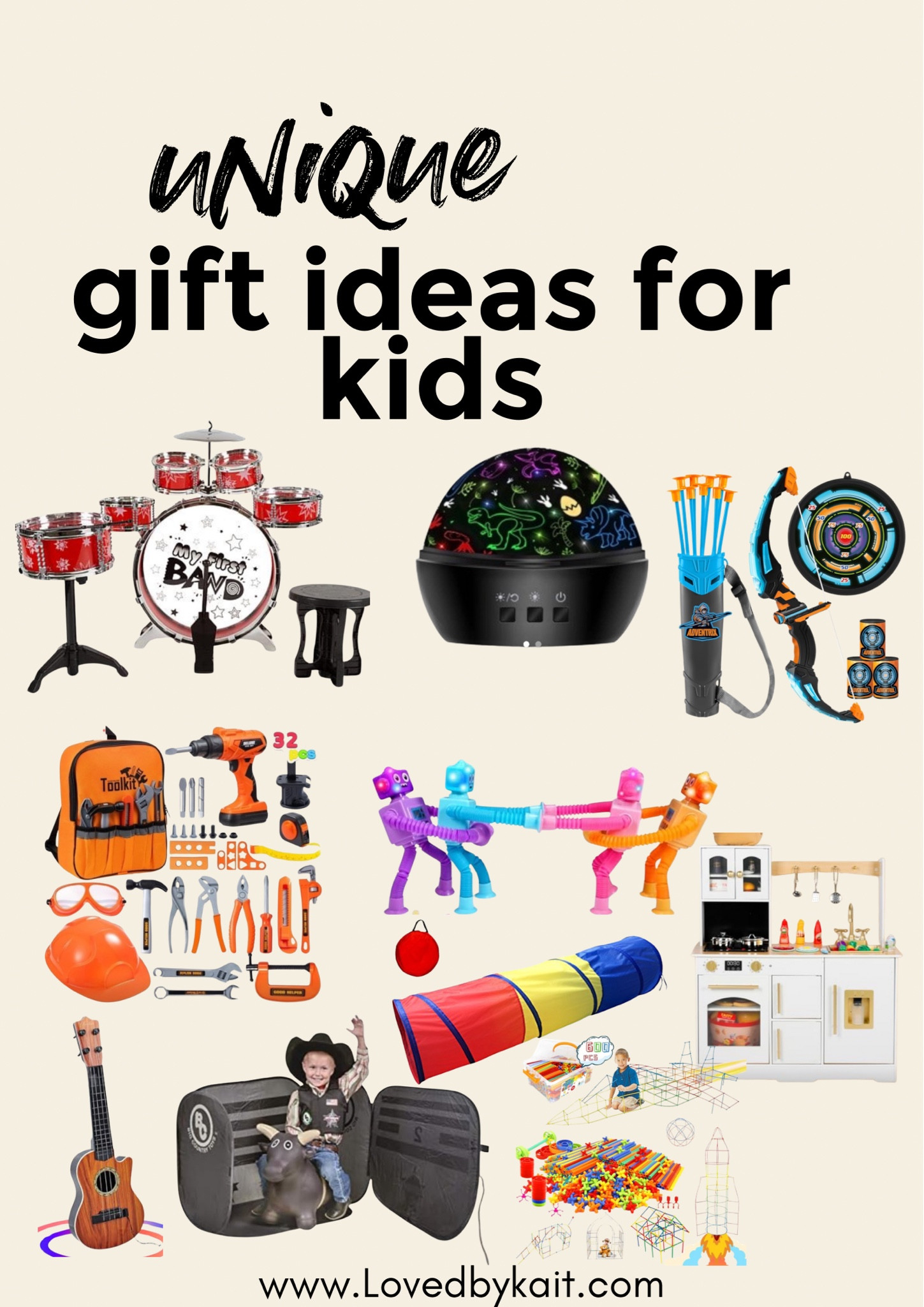 Unique Gift Ideas for Kids That They’ll Actually Love! Looking for creative and fun gift ideas for kids? Check out this list of unique gifts they’ll adore! From a kids’ drum set and guitar for your little musician to a dinosaur projector, bow and arrow set, tool kit, play kitchen, and cowboy rodeo toys, there’s something for every child’s interest. Perfect for birthdays, Christmas, or just because! Click to see the full list and get inspired! 

#LTKFindsUnder50 #LTKFamily #LTKKids