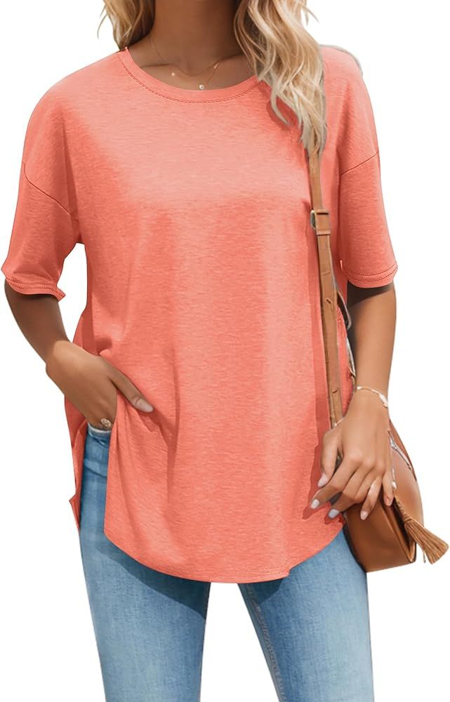 Halife Women's Oversized T Shirts Summer Crew Neck Short Sleeve T-Shirt Split Curved Hem Basic Ca... | Amazon (US)