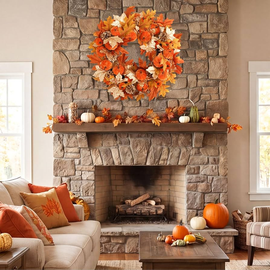 24" Fall Wreath for Front Door, Outdoor Autumn Farmhouse Decor, Pumpkin | Amazon (US)