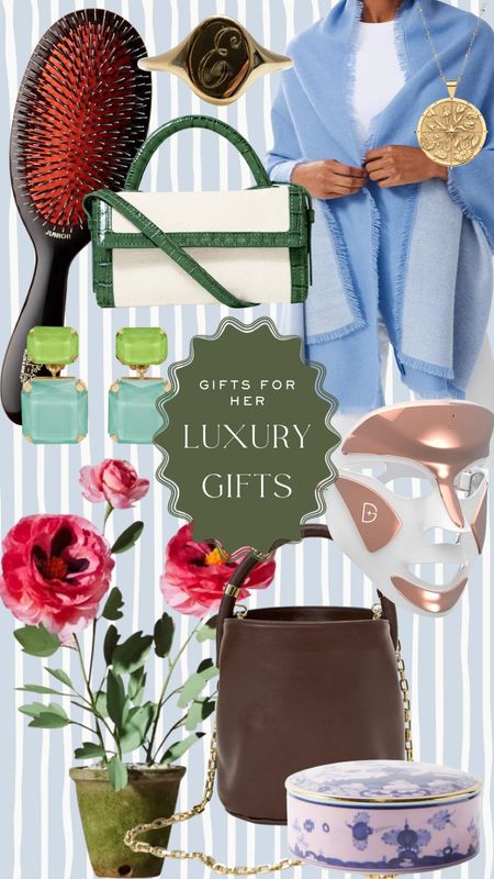 Luxury gifts for her - Some of my favorite splurge-worthy gifts for women. 

Hair brush, personalized signet ring, cashmere wrap, coin pendant necklace, green crossbody purse, turquoise statement earrings, faux flower plant, brown leather bucket bag, led face mask,  jewelry holder case, lux gifts, gift guide for mom, grandma, friend, sister 

#LTKbeauty #LTKstyletip #LTKGiftGuide
