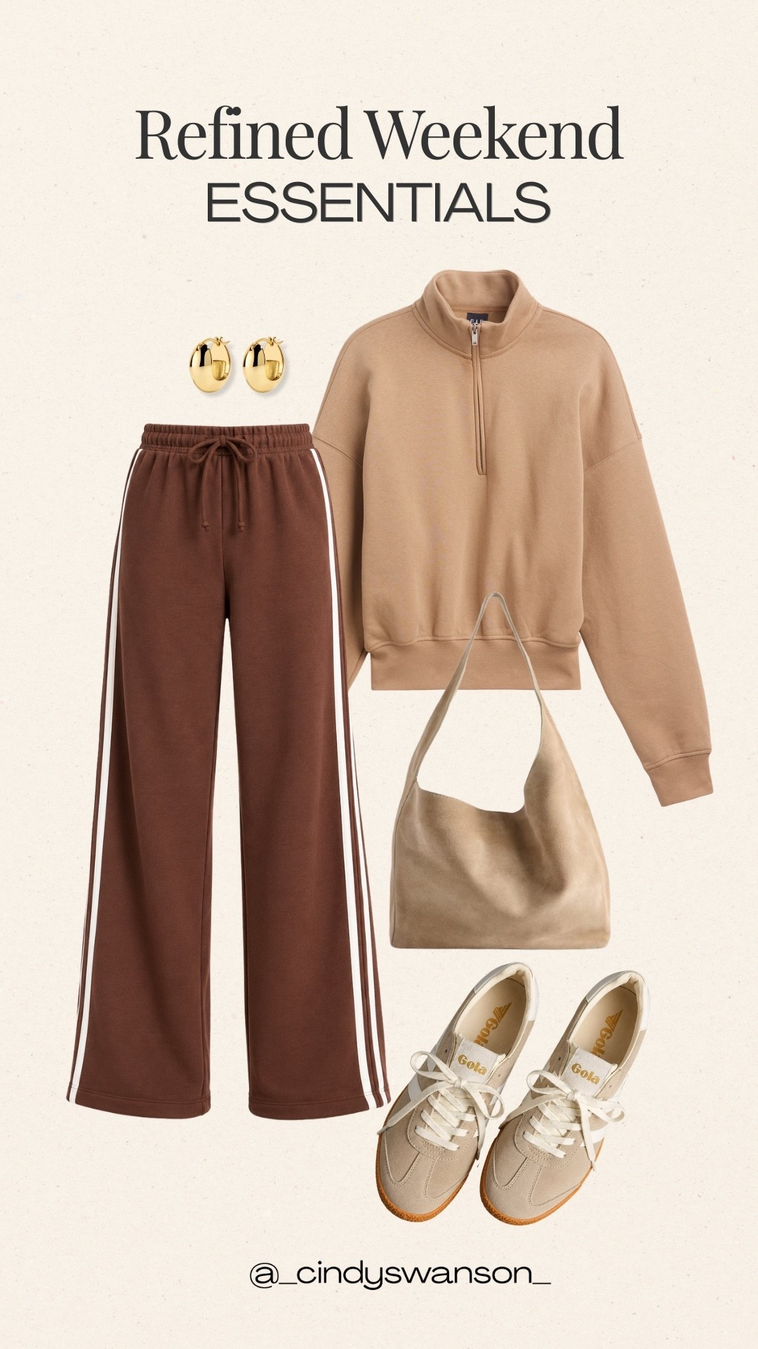 A polished take on comfortable weekend style. This camel quarter-zip pullover paired with relaxed brown track pants and neutral sneakers creates an easy monochromatic look that feels pulled together without sacrificing comfort. The neutral handbag and simple gold jewelry finish it beautifully.

#LTKootd #LTKOver40 #LTKgrwm