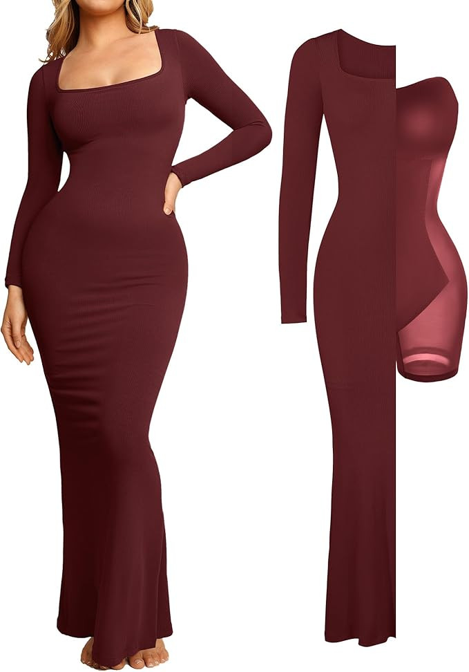 Popilush Long Sleeve Maxi Dress Bodycon Cocktail Dress Shapewear Tummy Control Fall Formal Dresse... | Amazon (US)