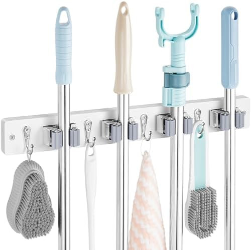 OUTNILI White Mop Broom Holder Wall Mount with 4 Slots & 4 Hooks - Wood Broom Mop Hanger for Pant... | Amazon (US)