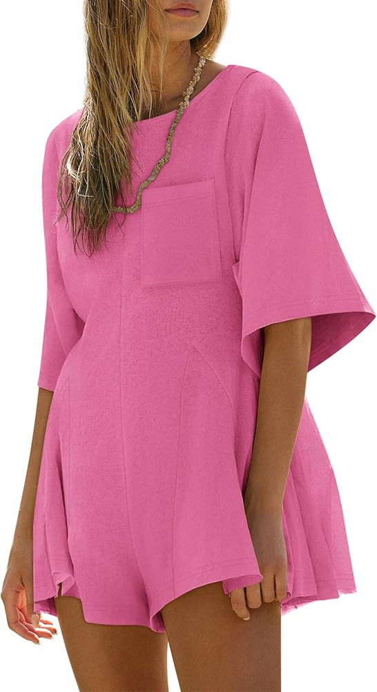 Yousify Rompers for Women Summer Outfits Slim Fit Short Sleeve Crew Neck Jumpsuits with Pocket | Amazon (US)