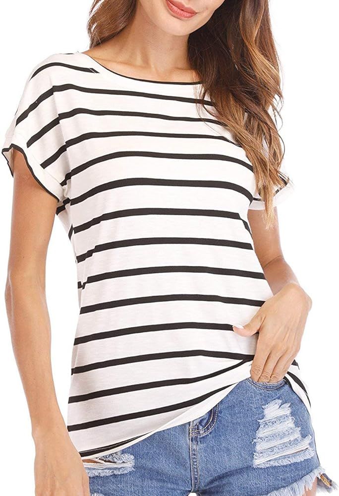 Haola Women's Striped Tops Summer Casual Round Neck Short Sleeve Blouse T-Shirt | Amazon (US)