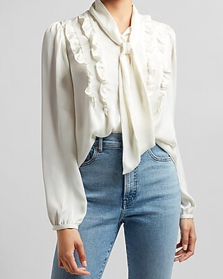 Satin Ruffle Front Tie Neck Shirt | Express