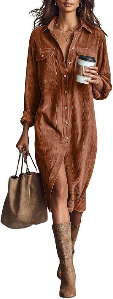 chouyatou Women's Fall Corduroy Button Down Shirt Dress Casual Lapel a Line Pleated Tunic Shift Midi Long Dress | Amazon (US)