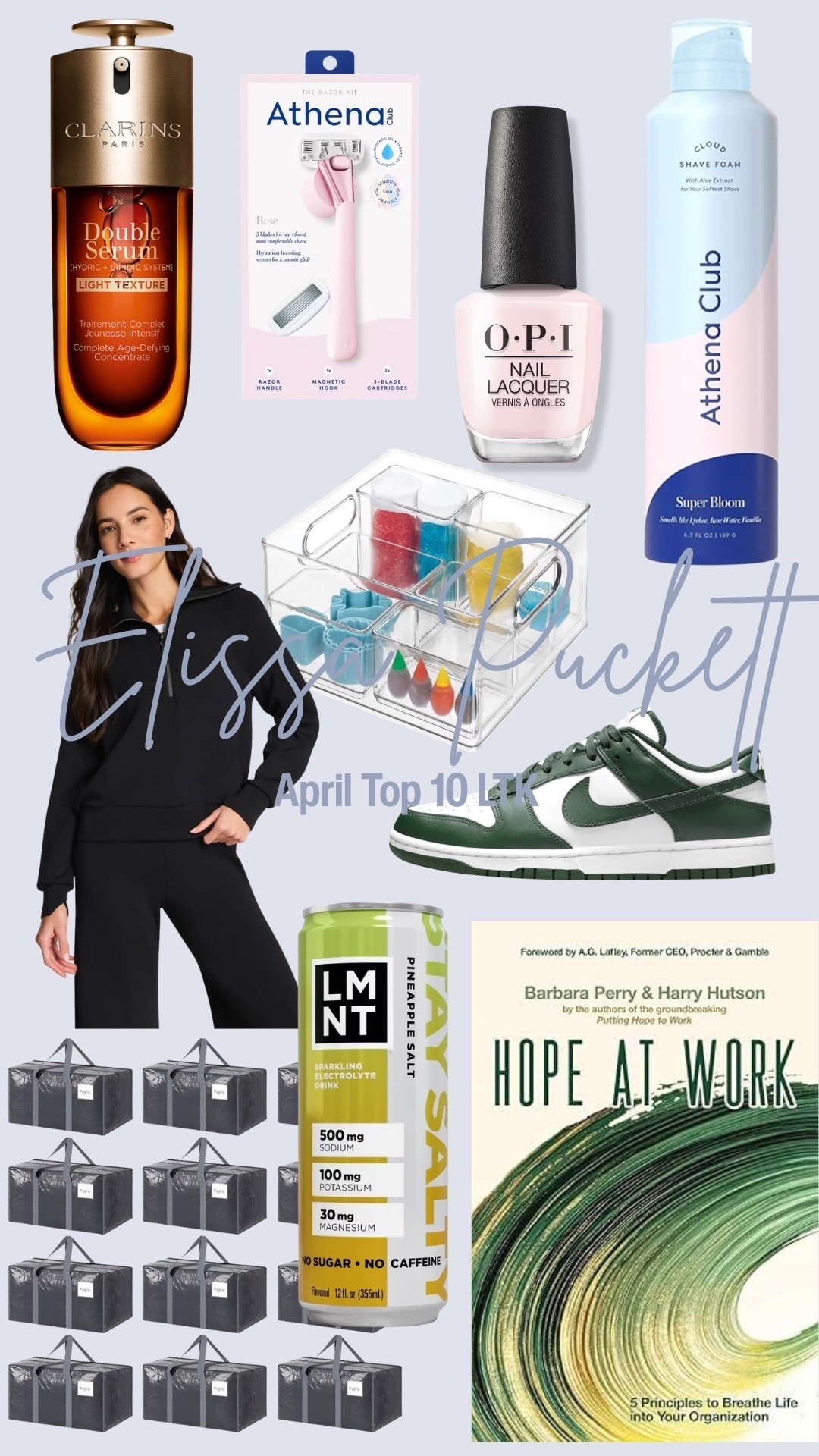April Top 10 Recap 🏆
Wow, what a mix! It is always so interesting to see what you all are loving each month. April’s list is a total blend of daily essentials, college prep, and strategic organization—literally everything from skincare to leadership reads.

A few of last month's favorites:
• ✨ Self-Care & Beauty: Clarins serum, Athena Club essentials, and the perfect soft pink mani. 
• 👟 Style: Green and white Dunks + the ultimate comfy black set.
• 📦 Organization: The Home Edit storage container from The Container Store & the heavy-duty moving bags that are a college MUST!
• 📚 The Extras: Pineapple LMNT + Hope at Work (such a great read!).

Tap the link to shop the full April list! 🛍️
 @Spanx @Nike US @containerstore  #TheHomeEdit #AprilFavorites #AthenaClub #NikeDunks #LMNT #OrganizedHome #CollegePrep #HopeAtWork

#LTKBeauty #LTKSeasonal #LTKPlusSize