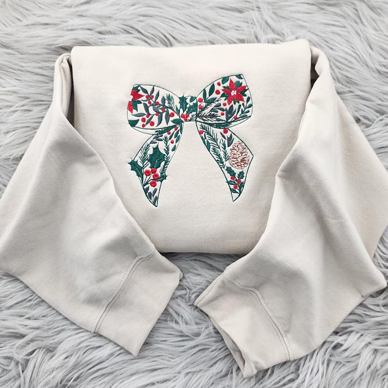 Embroidered Coquette Bow Christmas Crewneck: Holly Pine & Mistletoe | Etsy (US)