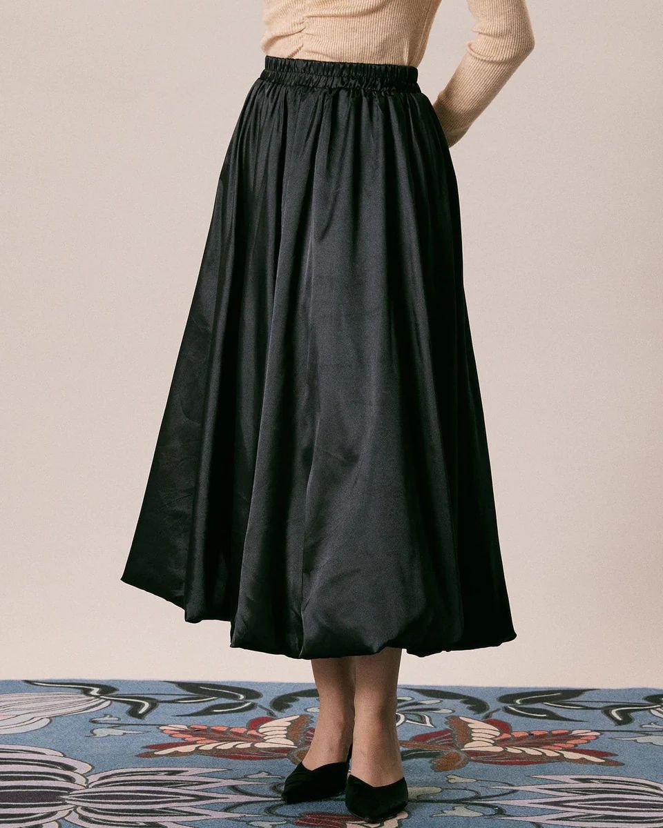 The Black Natural Waisted Pleated Midi Skirt | rihoas.com