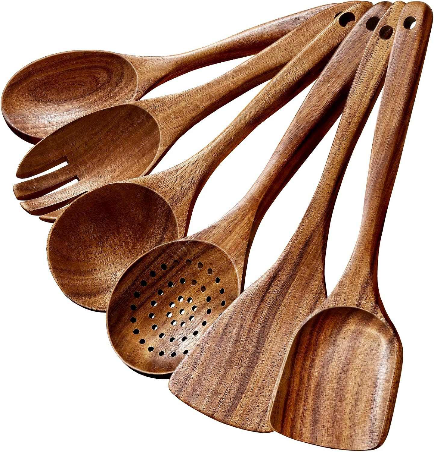 Premium Teak Wooden Spoons for Cooking, 6-Piece Wood Kitchen Utensils Set for Nonstick Cookware - Heat Resistant, Natural Healthy Spatula Set with Hanging Holes - Durable, Scratch-Free & Handcrafted | Amazon (US)