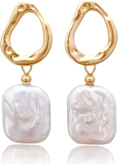 Baroque pearl earrings for Women cultured freshwater Pearl Stud hoop square statement earrings 14... | Amazon (US)