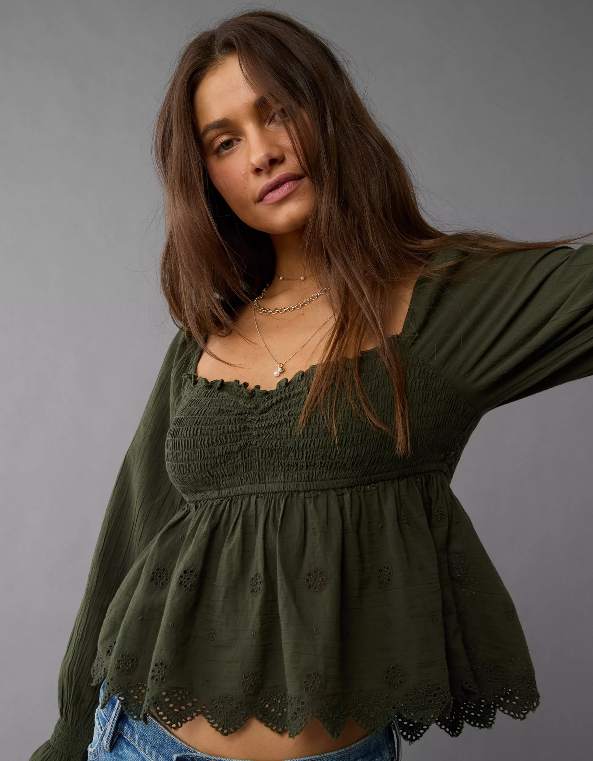 AE Long-Sleeve Smocked Babydoll Blouse | American Eagle Outfitters (US & CA)