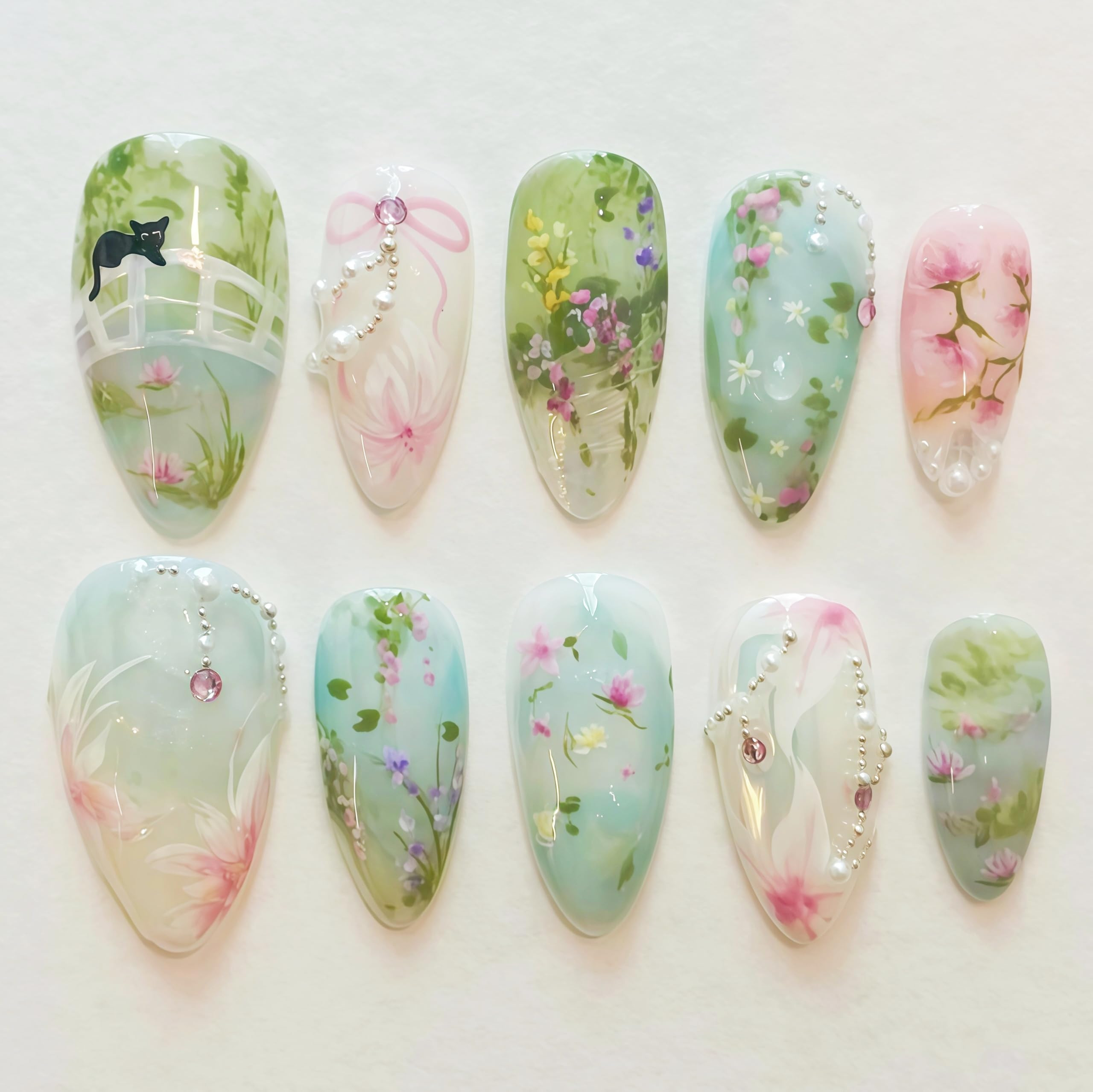 24Pcs Flower Press on Nails Medium Almond Fake Nails Colorful Spring Summer Floral False Nails wi... | Amazon (US)
