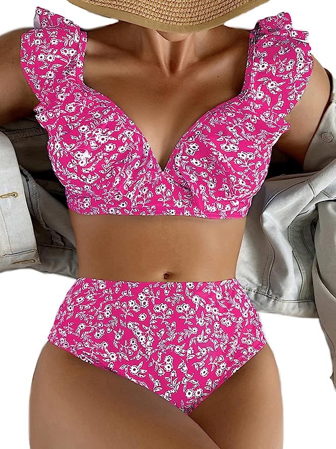 BIKINX Sexy Bikini Sets for Women Ruffle Floral Top High Waisted Bottom Push Up Bathing Suit | Amazon (US)