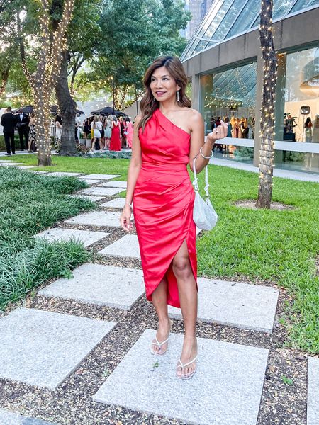 What I wore to the red carpet night at #LTKCOn. Comes in several colors and would be perfect for as wedding guest dress or for holiday parties.
Dress in XS, satin material, double-lined, comfy and elegant. 
Sandals fit tts. 

#LTKwedding #LTKparties #LTKCon