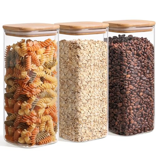 ComSaf 61oz Glass Storage Containers with Lids, Glass Jars with Bamboo Lids, Clear Food Storage Jar, Square Glass Canister Set of 3, Pantry Organizers and Storage for Flour Rice Pasta Tea Coffee Bean | Amazon (US)