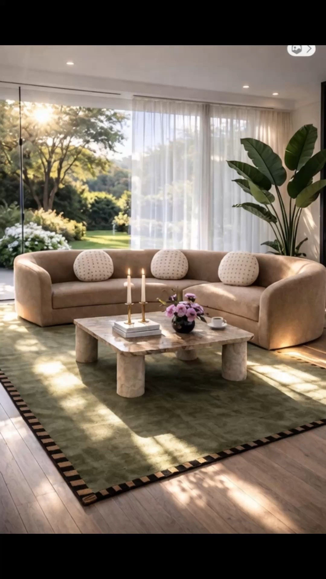 Morning coffee moment in a living room that feels calm, warm, and beautifully collected ☕️🌿

I love how the curved sectional floats in the middle of the living room, creating an inviting conversation area while allowing the room to feel open and spacious. The warm caramel upholstery and softly rounded silhouette bring such an effortless elegance to the space.

The silky green area rug grounds the seating area with color and texture, while the round patterned pillows add a playful, tailored detail. A sculptural marble coffee table, decorative books, brass candleholders, and an elegant flower arrangement complete the look—and that white espresso cup makes it feel like the perfect place to enjoy a peaceful morning at home.

The sheer drapery filters the morning sunshine beautifully, filling the entire living room with a soft, elevated glow. Everything feels relaxed, refined, and ready for a new day.

#LTKHome #LTKStyle #MorningCoffeeMoment #LivingRoom #LivingRoomDesign #LivingRoomInspiration #CurvedSectional #SectionalSofa #FloatingFurniture #AreaRug #GreenRug #ThrowPillows #MarbleCoffeeTable #CoffeeTable #CoffeeTableDecor #EspressoCup #SheerDrapes #WindowTreatment #Curtains #FlowerArrangement #Candleholder #DecorativeBooks #HomeDecor #InteriorInspo #ModernClassic #SpringRefresh

#LTKFestival #LTKHome #LTKSaleAlert

#LTKdayinmylife #LTKHome #LTKSaleAlert