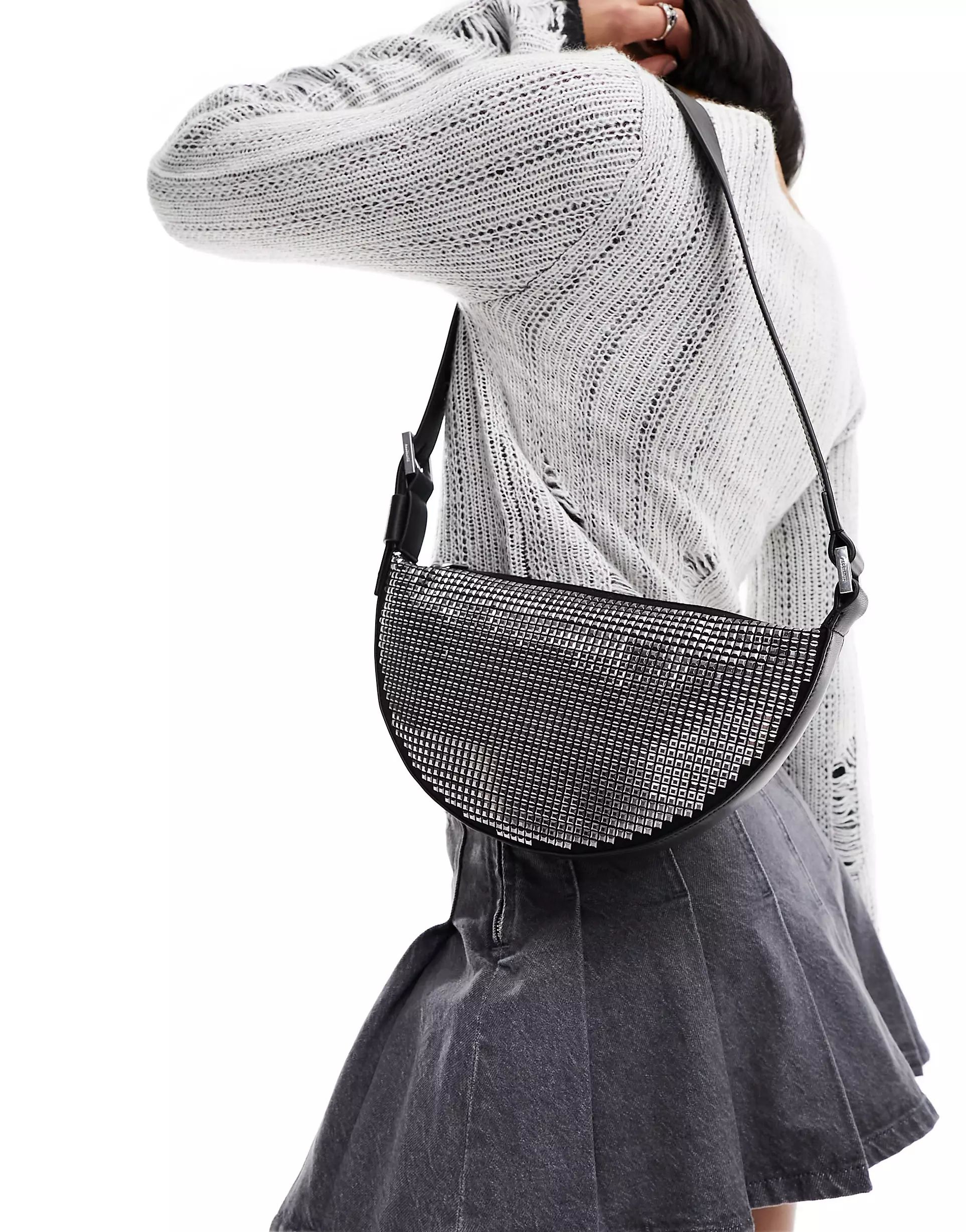 AllSaints half moon studded leather crossbody bag in black | ASOS (Global)