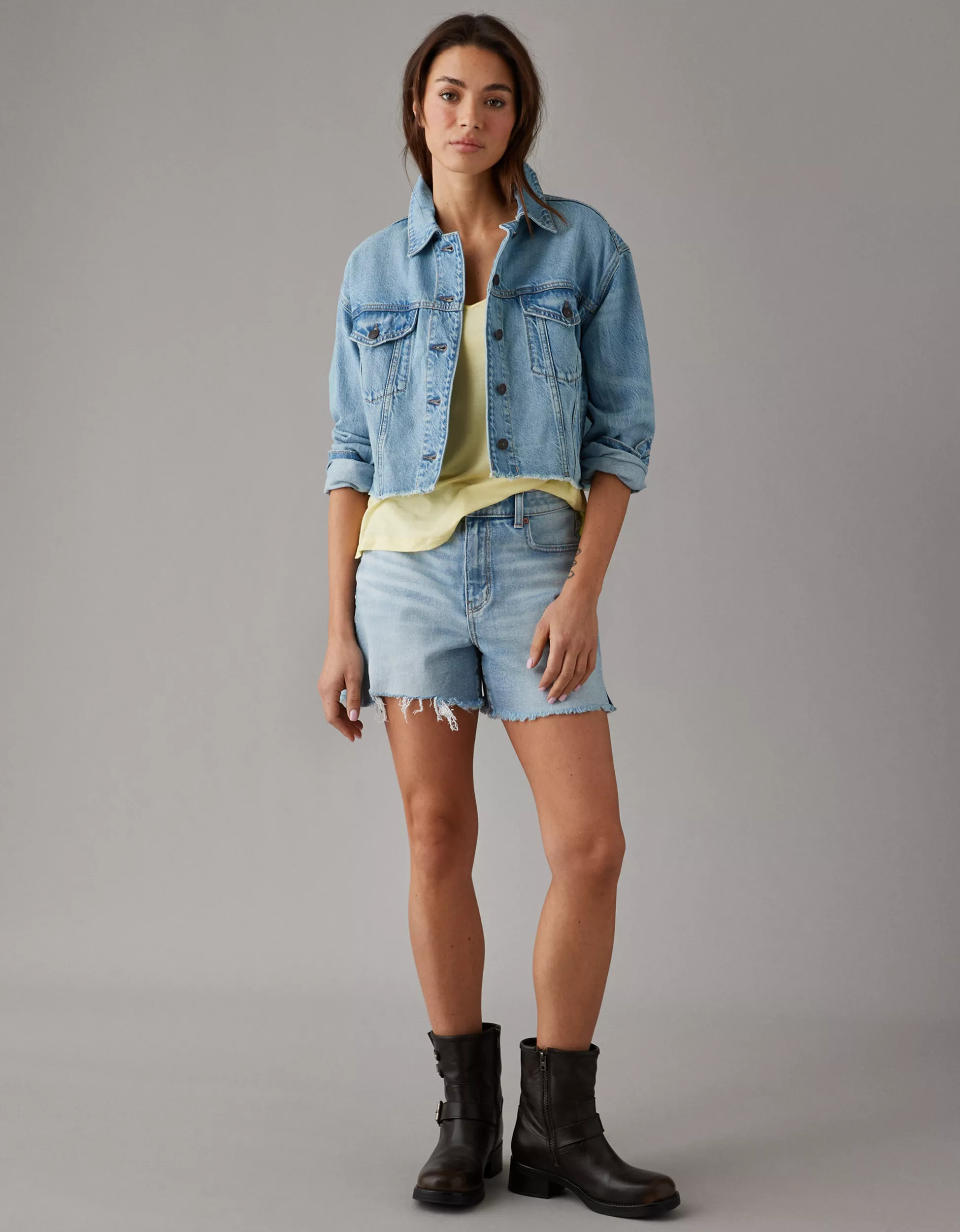 AE Dreamy Drape Stretch Cropped Denim Jacket | American Eagle Outfitters (US & CA)