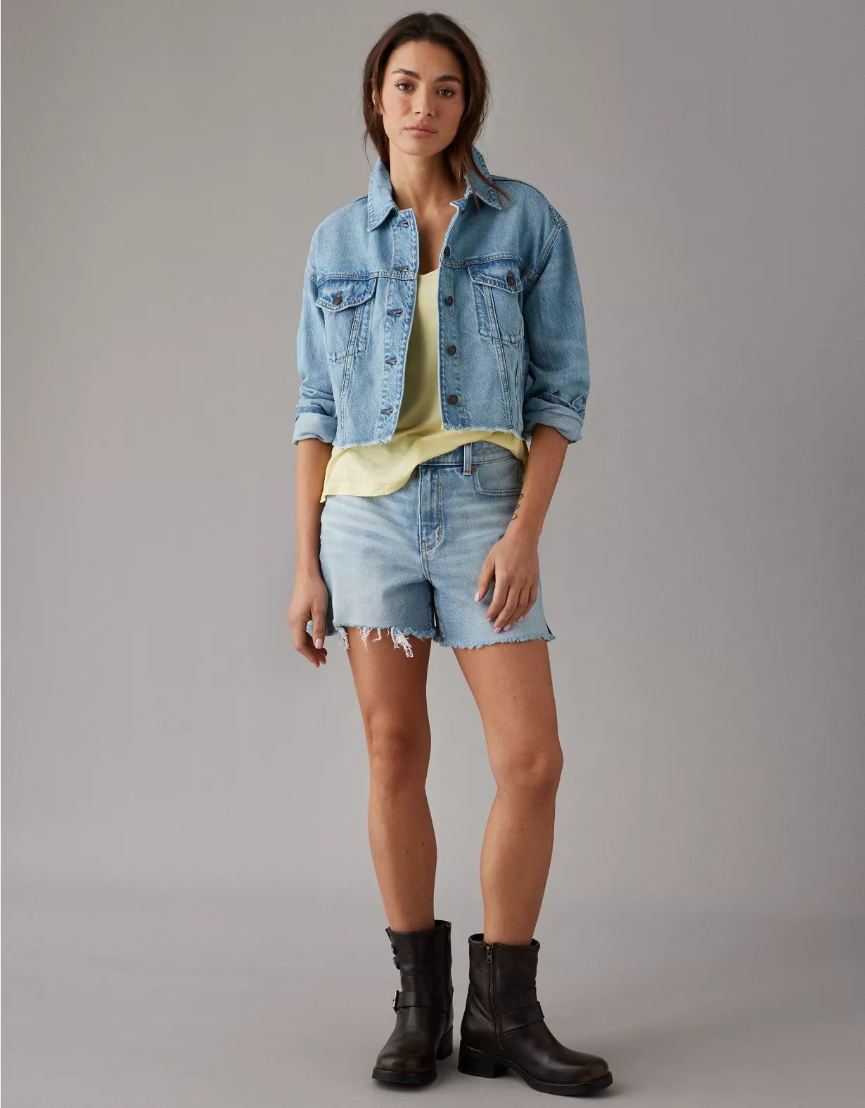 AE Dreamy Drape Stretch Cropped Denim Jacket | American Eagle Outfitters (US & CA)