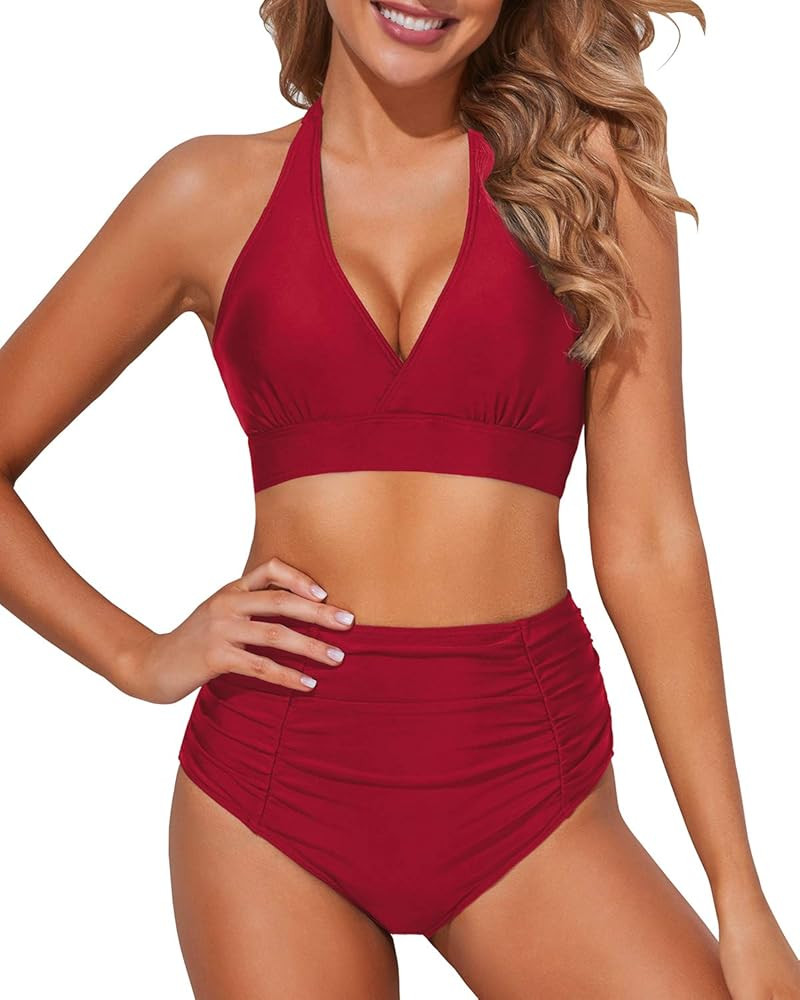 Tempt Me Women High Waisted Bikini Halter V Neck Two Piece Push Up Retro Swimsuits | Amazon (US)