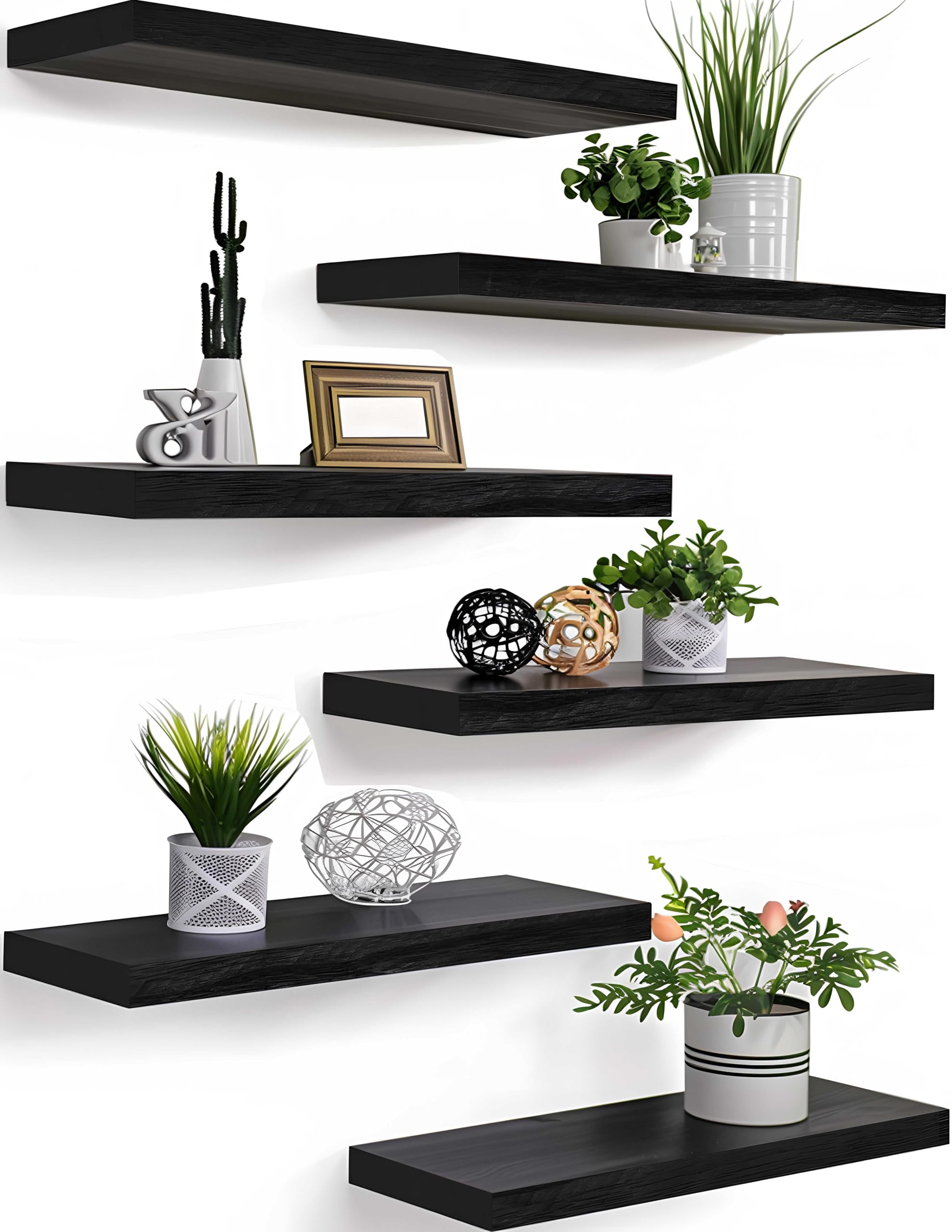 PHPH Wood Floating Shelves for Wall, Wooden Wall Shelves for Bedroom, Set of 6 Black 17 Inch | Amazon (US)