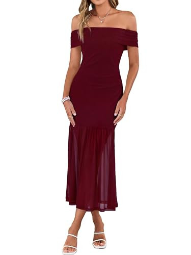 Simplee Womens Summer Off Shoulder Maxi Dress 2026 Ruched Bodycon Flowy Tulle Formal Cocktail Wedding Guest Long Dresses Red Wine | Amazon (US)