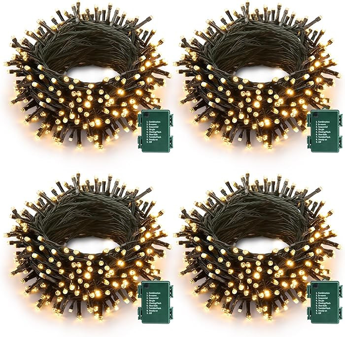Battery Operated Christmas Lights - 4 Pack Total 66ft 200 LED Battery String Lights 8 Modes Water... | Amazon (US)