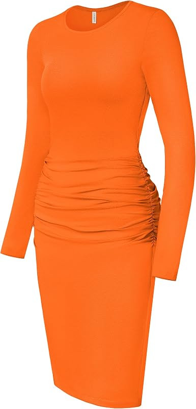 Laughido Women's Casual Long Sleeve Ruched Bodycon Dress Knee Length Fitted Dresses | Amazon (US)