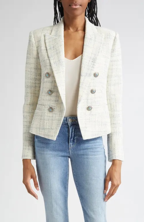 L'AGENCE Brooke Double Breasted Tweed Blazer in Vintage White/Blue Check at Nordstrom, Size 0 | Nordstrom