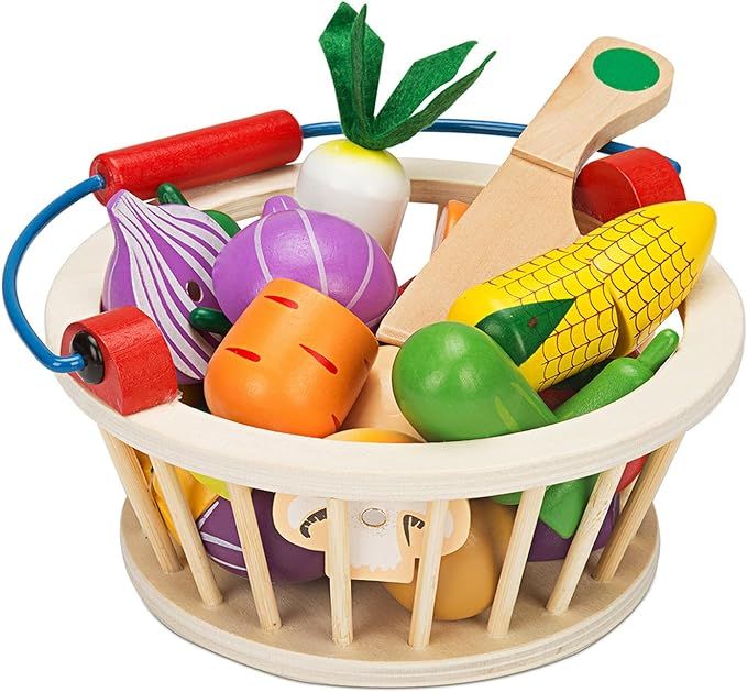 Victostar Magnetic Wooden Cutting Fruits Vegetables Food Play Toy Set with Basket for Kids (Veget... | Amazon (US)