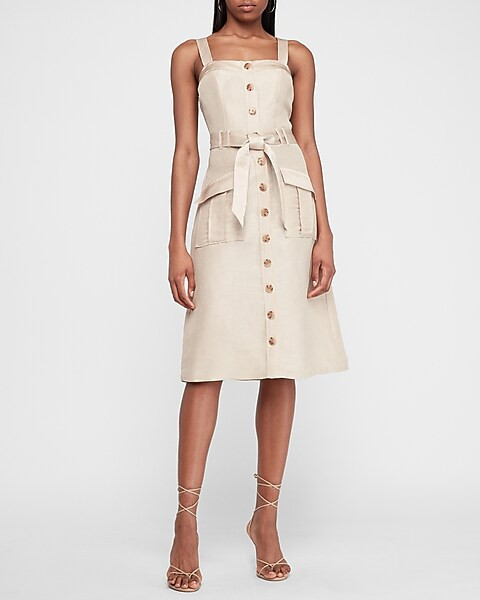 Linen-Blend Satin Trim Button Front Midi Dress | Express
