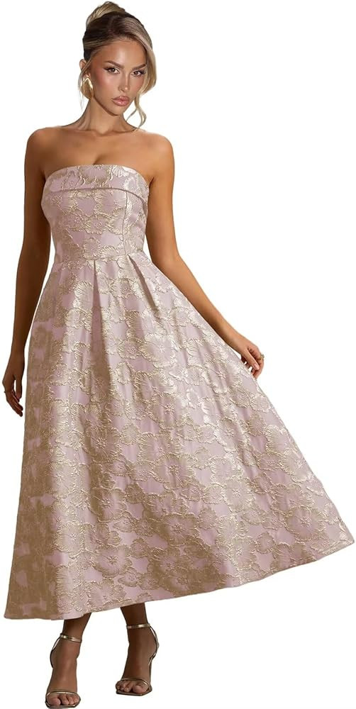 Jacquard Satin Prom Dresses for Women Tea Legnth Bridesmaid Dress Strapless Formal Party Gown | Amazon (US)