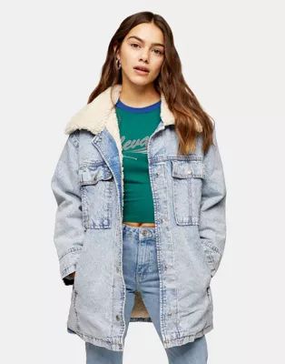 Topshop Petite borg collar longline denim jacket in blue acid wash | ASOS (Global)