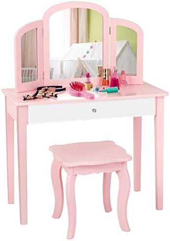 Costzon Kids Vanity Table, Princess Makeup Dressing Table with Drawer & Tri-Folding Mirror, 2-in-1 V | Amazon (US)