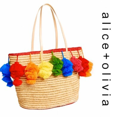NWT Alice + Olivia Rainbow Pom Pom Straw Tote Women's Shoulder Bag MRSP $325 | eBay | eBay US