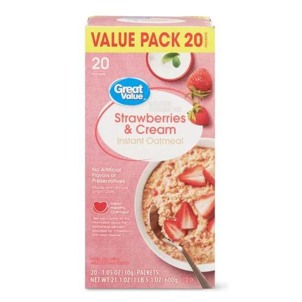 Great Value Strawberries & Cream Instant Oatmeal Value Pack, 1.05 oz, 20 Packets - Walmart.com | Walmart (US)