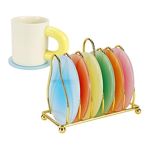 Buqoo Acrylic Coasters, 6 Pcs Colorful Round Heat Resistant Table Coasters with Metal Holder Stand for Home Decor | Amazon (US)