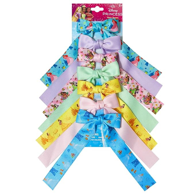 Disney Princess Printed Long Tail Hair Bow Set for Girls – 7-Pack Printed Bows with Alligator C... | Amazon (US)