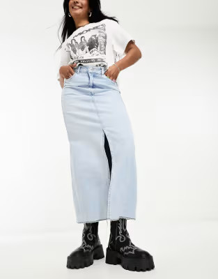 Bershka raw hem split hem denim midi skirt in light blue | ASOS (Global)